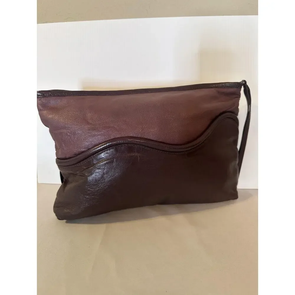 VTG Clutch Bag Womens Large Purple Leather Ruffle Zip Wristlet Clutch Purse